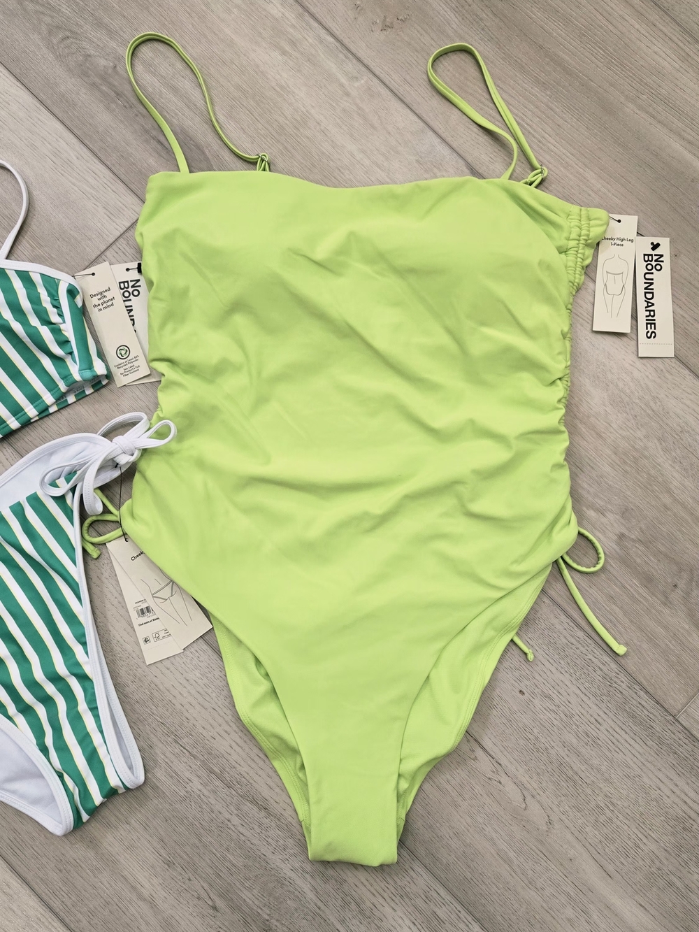 NEW! No Boundaries Green Striped Bikini Set & Lime One-Piece Swimsuit - Picture 4 of 8